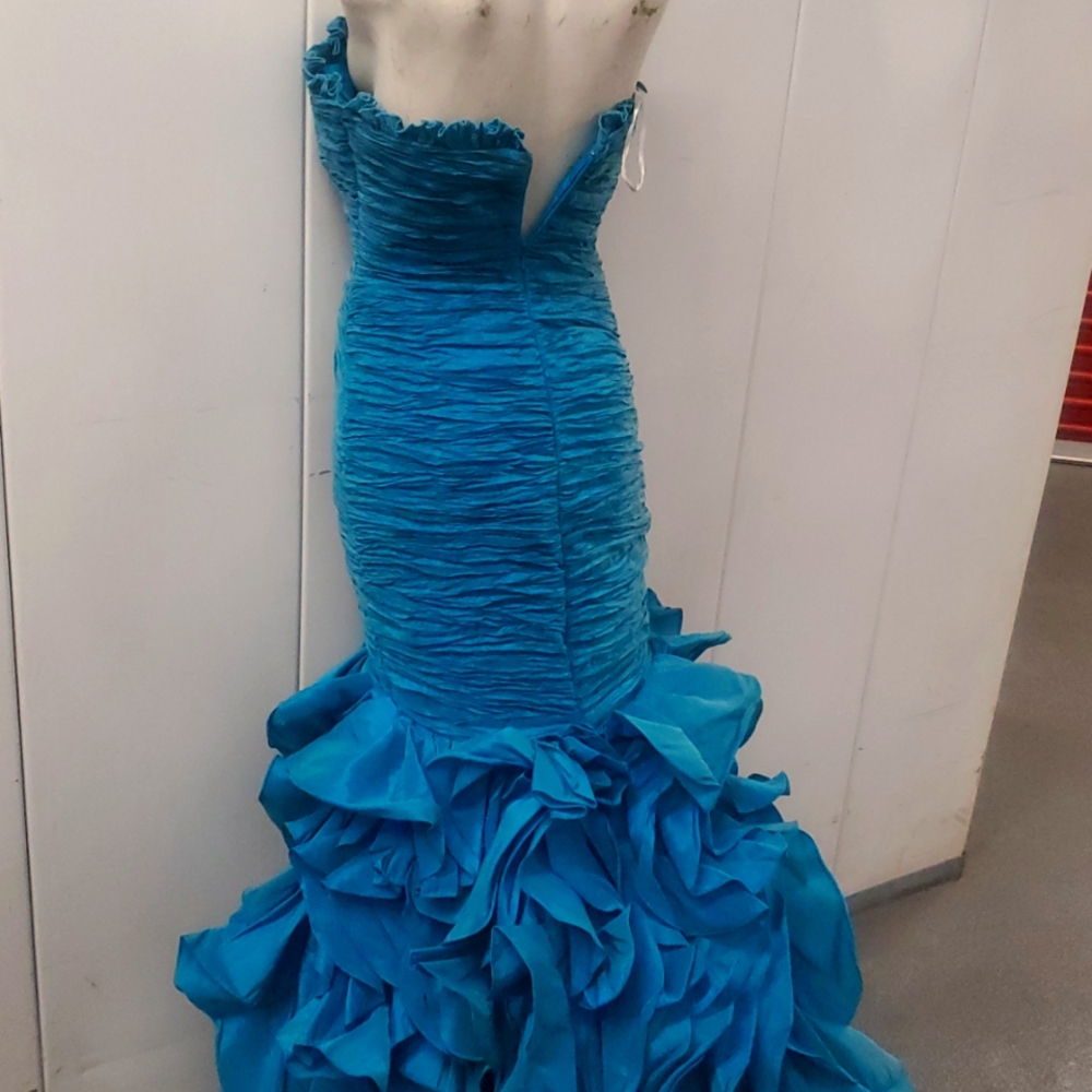 Alyce Designs AQUA Strapless Drop Waist Flamingo Style Gown Ruche High & Low 4 - Picture 15 of 17